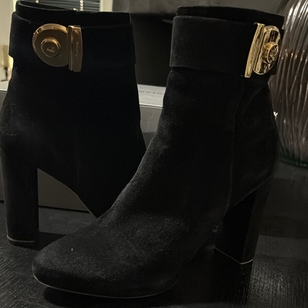 Salvatore Ferragamo Black and Gold Ankle Booties with Block Heel